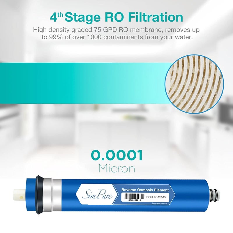 SimPure 5-Stage Reverse Osmosis Replacement Filter Set with 75 GPD RO Membrane, 5pc Pre & Post Replacement Cartridge Pack Kit for Standard 10-icnh 5-Stage Reverse Osmosis RO Systems - Image 4